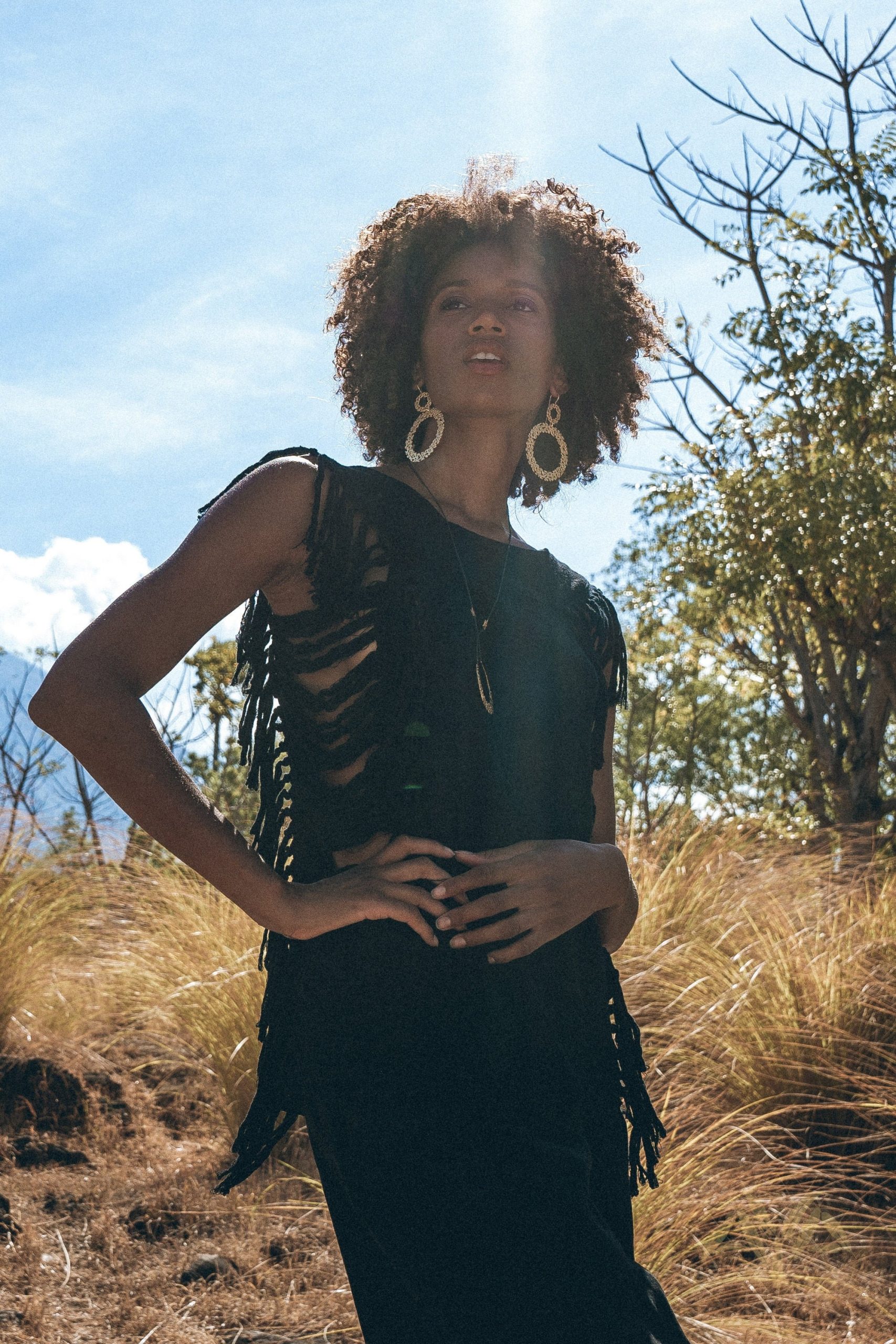 Black Boho Top Bohemian Frayed Tee Hand Loomed