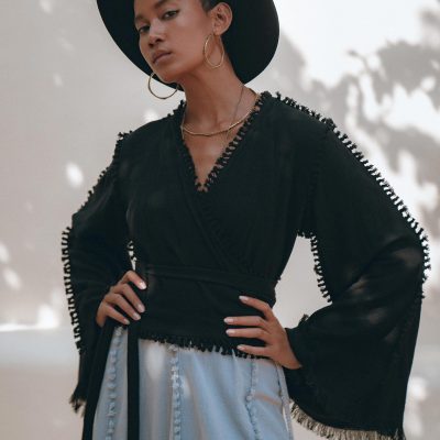 Black Bell Sleeve Wrap Kimono Top Bohemian Summer
