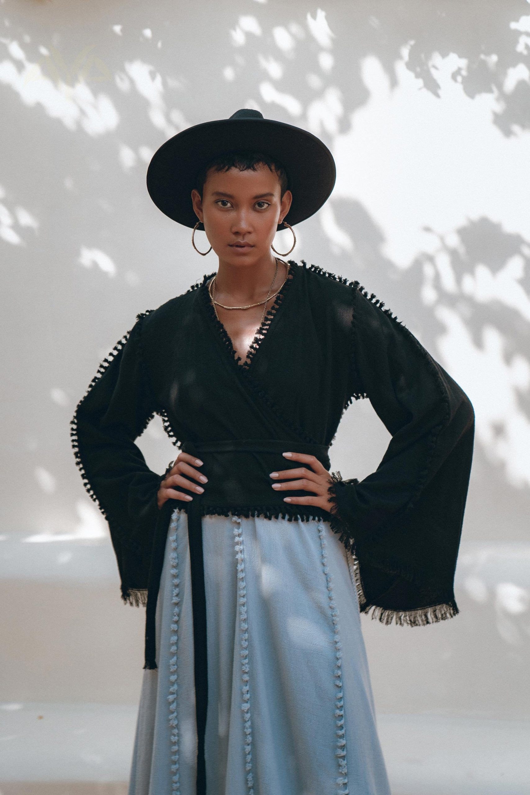 Black Bell Sleeve Wrap Kimono Top Bohemian Summer