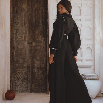 Black Linen Adjustable Pants Organic Wide Leg Open