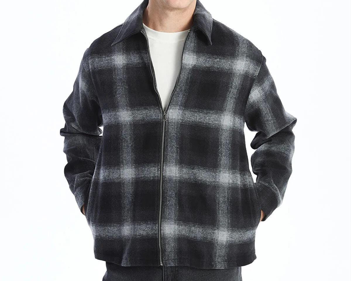 Men’s Zip Up Plaid Flannel Jacket Oversized Checked