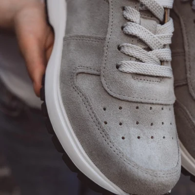 Handmade Suede Men Leather Sneakers Grey Brown Lace