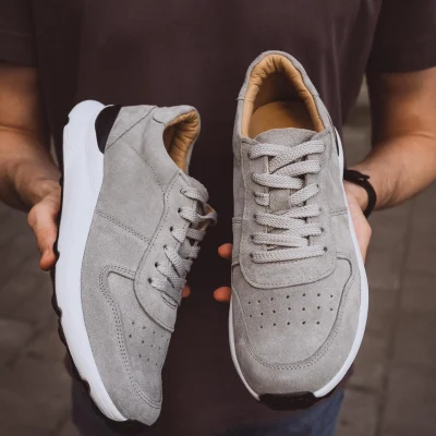 Handmade Suede Men Leather Sneakers Grey Brown Lace