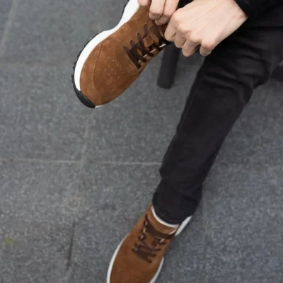 Handmade Suede Men Leather Sneakers Grey Brown Lace