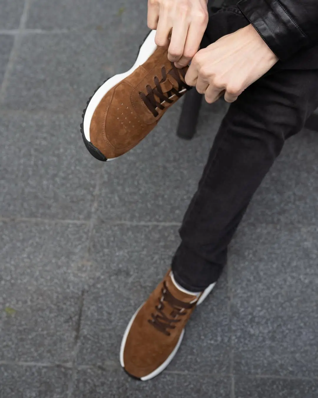 Handmade Suede Men Leather Sneakers Grey Brown Lace