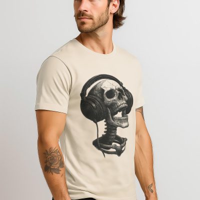 Vintage Skull Headphones T Shirt: Ivory Pigment Dyed