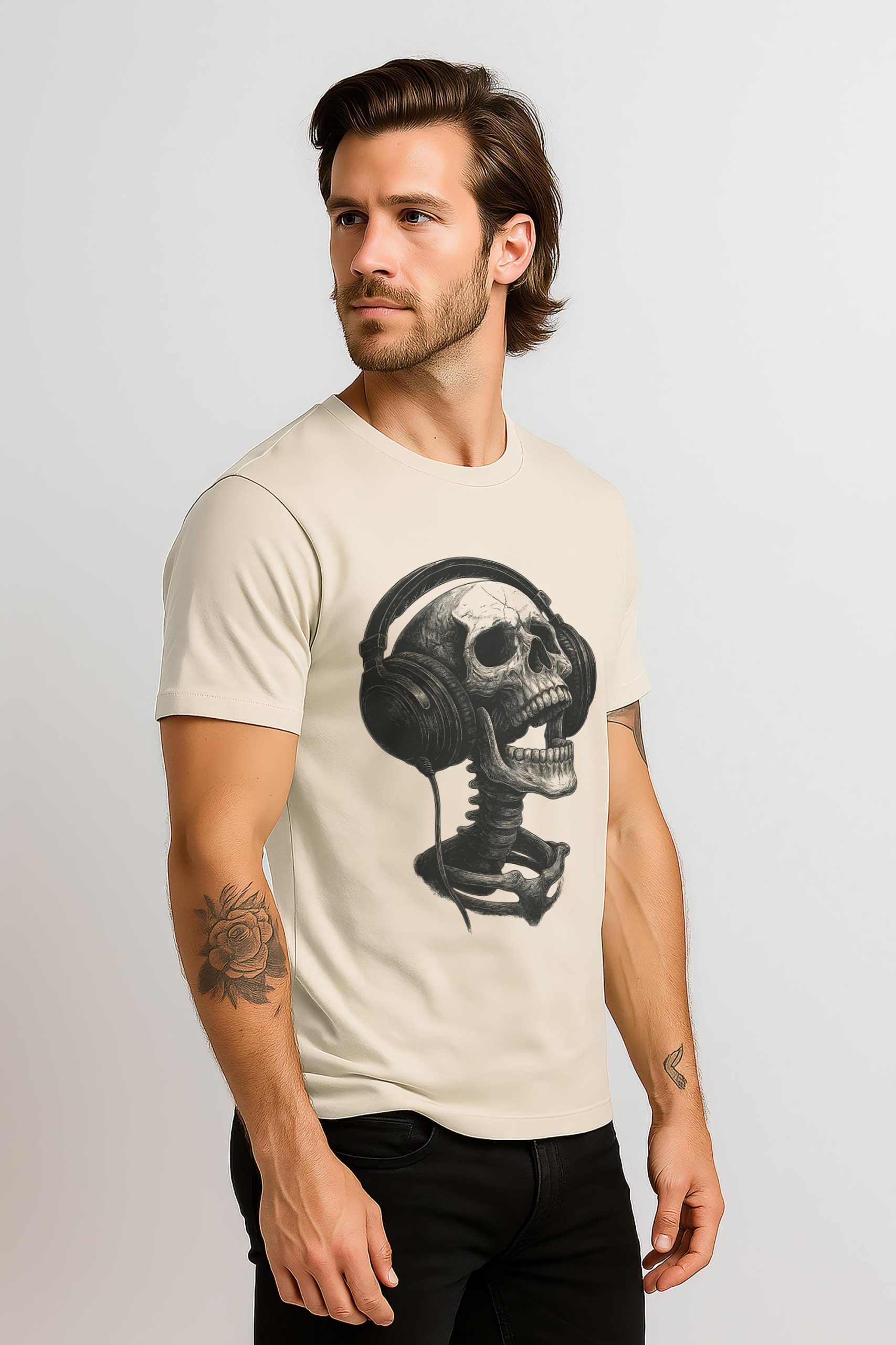 Vintage Skull Headphones T Shirt: Ivory Pigment Dyed