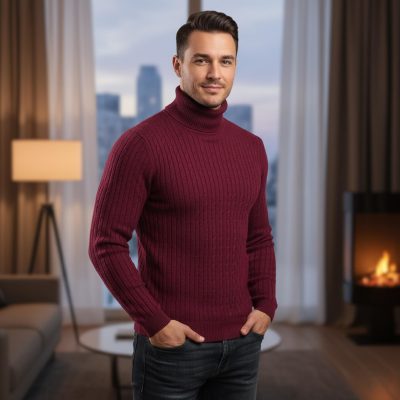 Men's Cable Knit Turtleneck Sweater: Slim Fit Ribbed