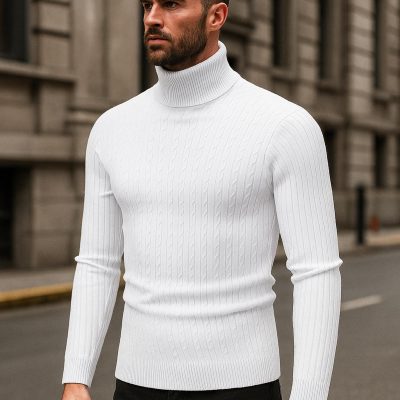 Men's Cable Knit Turtleneck Sweater: Slim Fit Ribbed