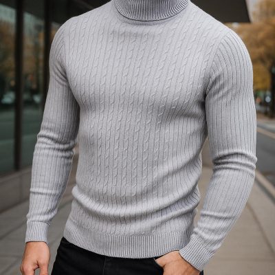 Men's Cable Knit Turtleneck Sweater: Slim Fit Ribbed