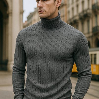 Men's Cable Knit Turtleneck Sweater: Slim Fit Ribbed