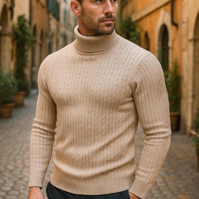 Men's Cable Knit Turtleneck Sweater: Slim Fit Ribbed