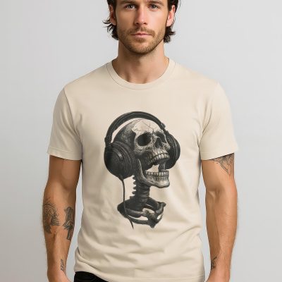 Vintage Skull Headphones T Shirt: Ivory Pigment Dyed
