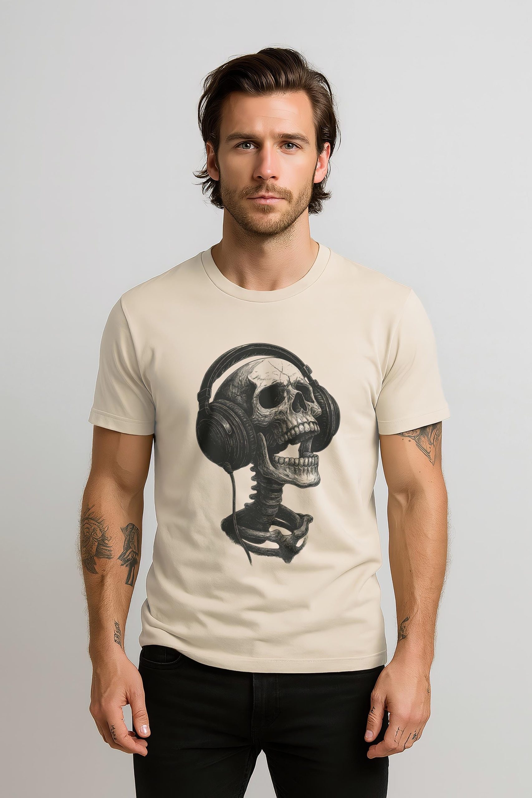 Vintage Skull Headphones T Shirt: Ivory Pigment Dyed