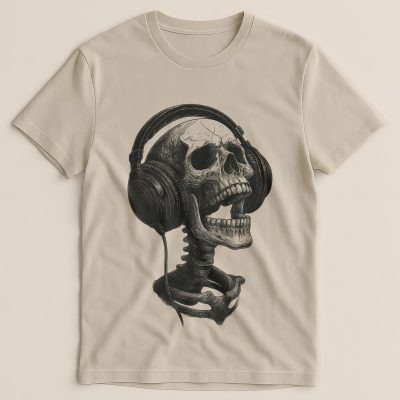 Vintage Skull Headphones T Shirt: Ivory Pigment Dyed