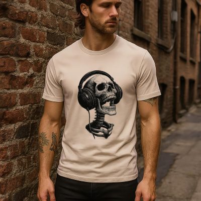Vintage Skull Headphones T Shirt: Ivory Pigment Dyed