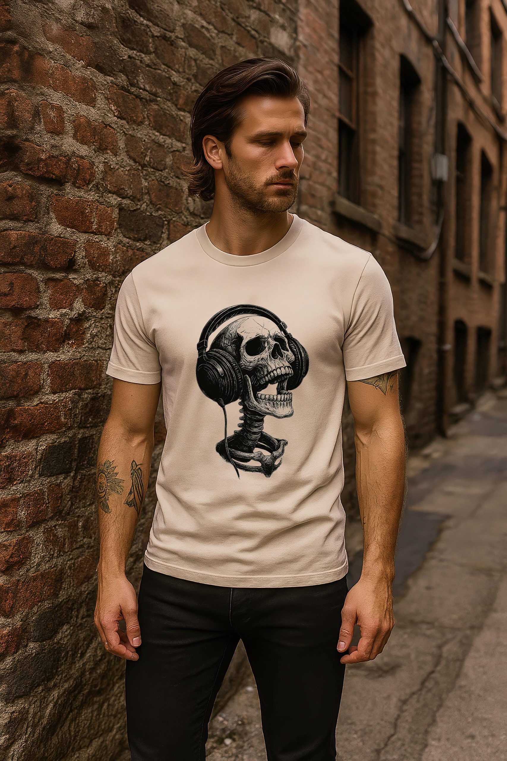 Vintage Skull Headphones T Shirt: Ivory Pigment Dyed