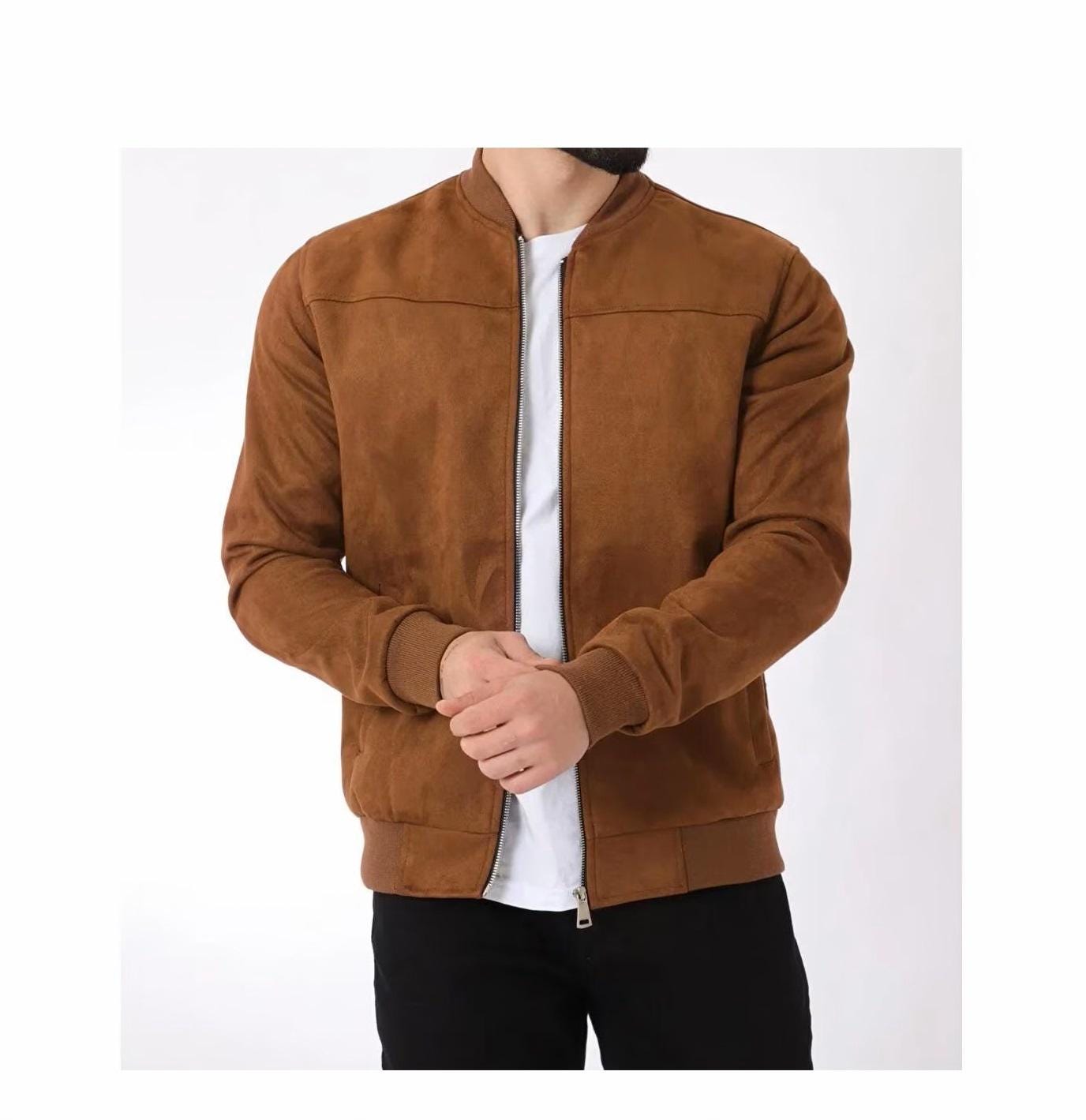 Men's Suede Bomber Jacket: Plush Lined Trucker Coat