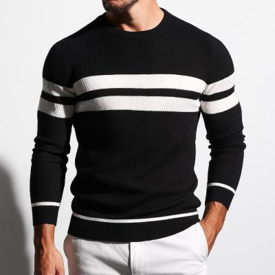 Men's Striped Knit Sweater: Classic O Neck Pullover