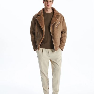 Men's Suede Bomber Jacket: Brown Faux Sheepskin Coat