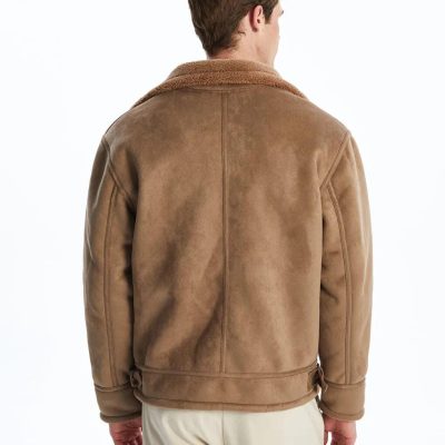 Men's Suede Bomber Jacket: Brown Faux Sheepskin Coat