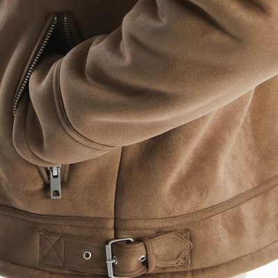 Men's Suede Bomber Jacket: Brown Faux Sheepskin Coat