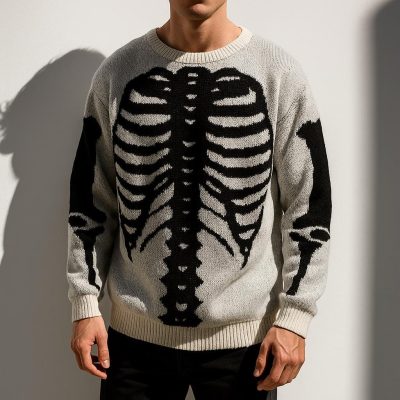 Men’s Skeleton Pattern Knit Pullover Sweater Rib Cage