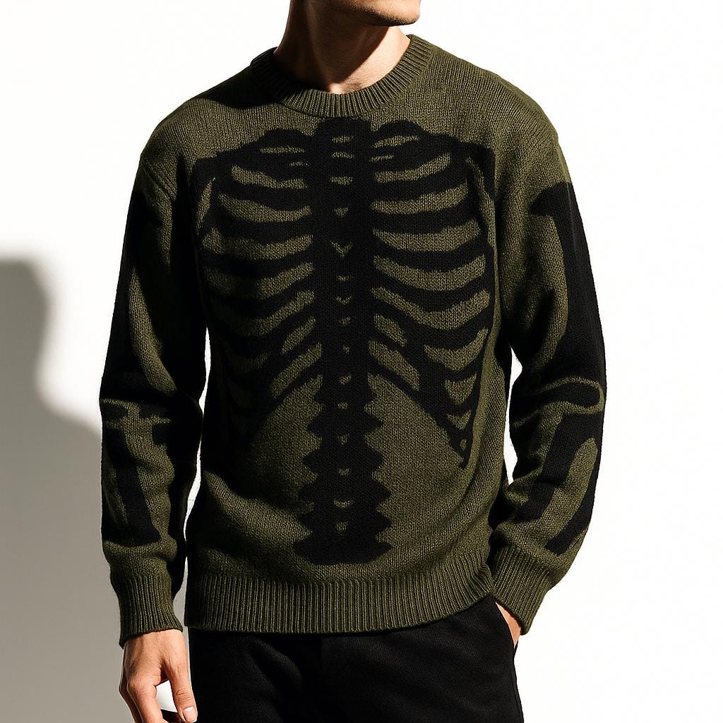 Men’s Skeleton Pattern Knit Pullover Sweater Rib Cage