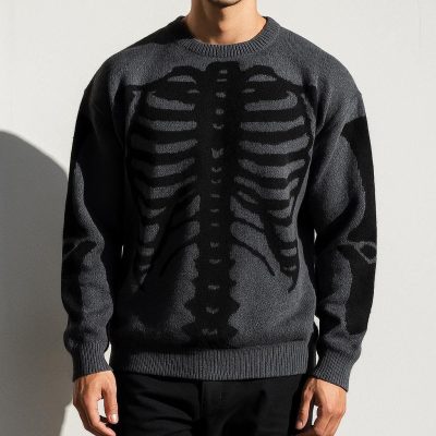 Men’s Skeleton Pattern Knit Pullover Sweater Rib Cage