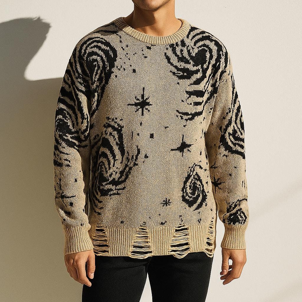 Men’s Galaxy Pattern Ripped Knit Pullover Sweater Distressed