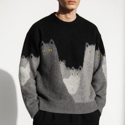 Men’s Cat Pattern Knit Pullover Sweater Soft Crewneck