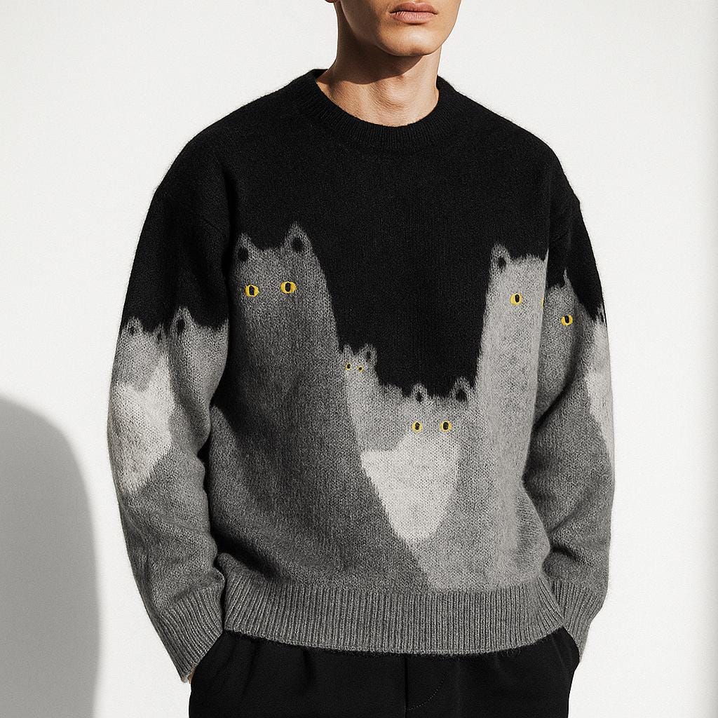 Men’s Cat Pattern Knit Pullover Sweater Soft Crewneck
