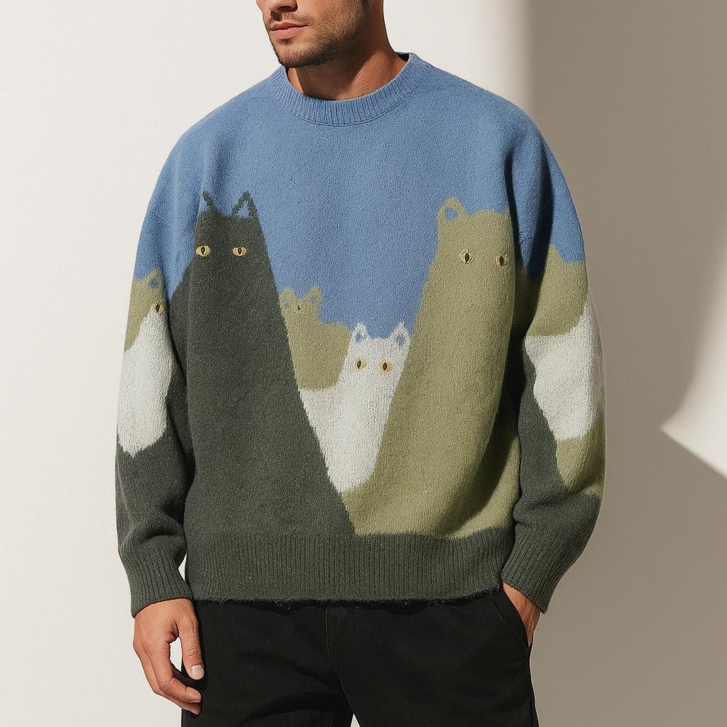 Men’s Cat Pattern Knit Pullover Sweater Soft Crewneck