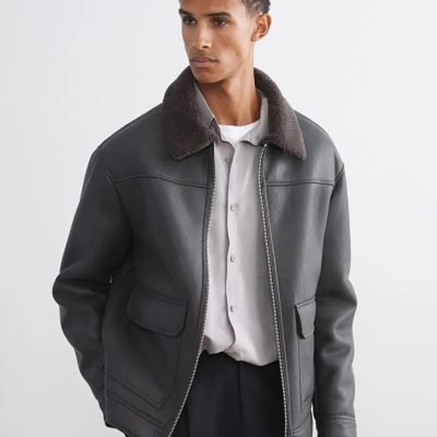 Men's Faux Leather Aviator Jacket Sherpa Collar Black
