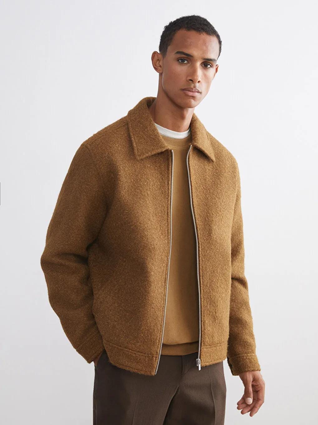 Men's Zippered Cashmere Jacket Beige Minimalist Coat Classic