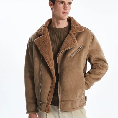 Men's Suede Bomber Jacket: Brown Faux Sheepskin Coat
