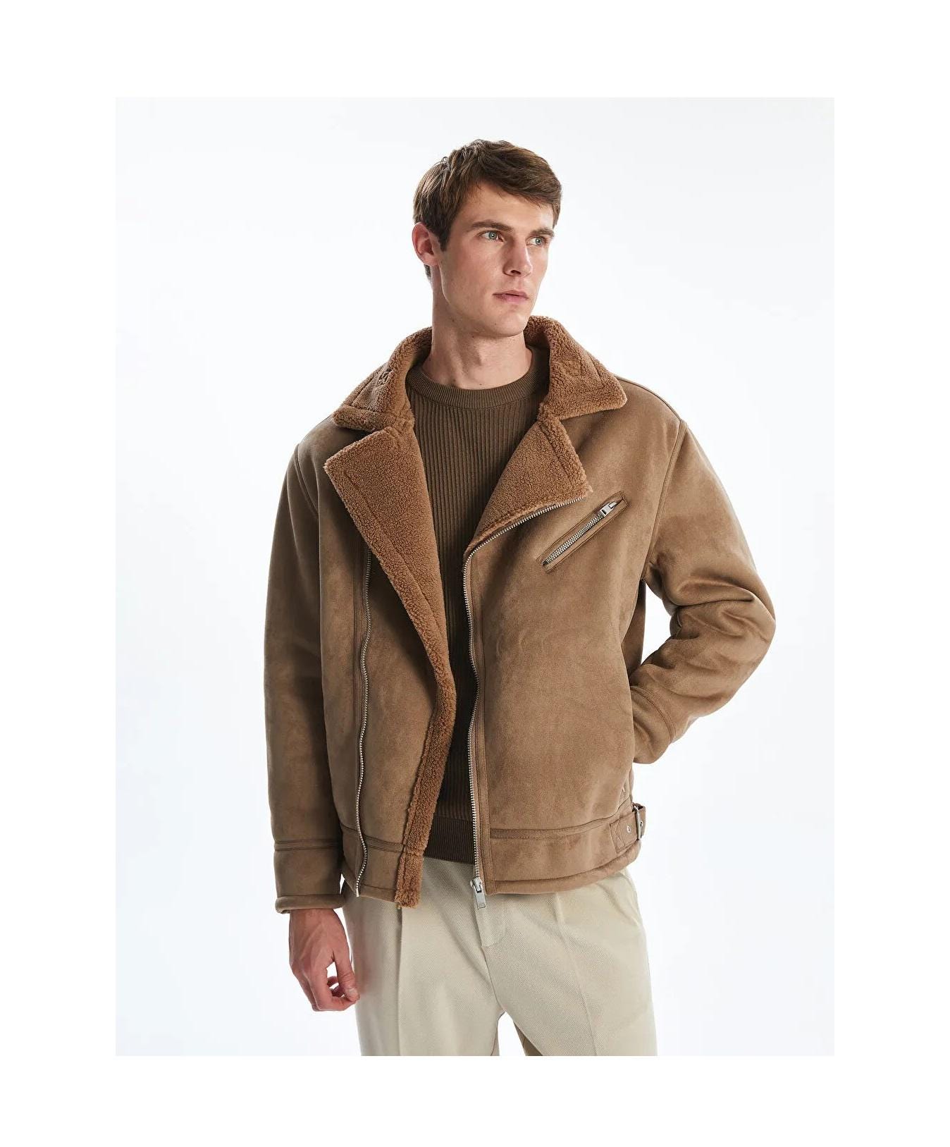 Men's Suede Bomber Jacket: Brown Faux Sheepskin Coat