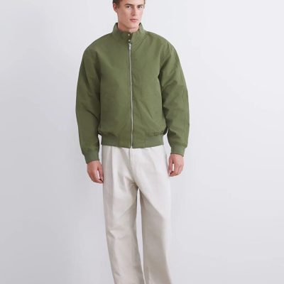 Men's Green Bomber Jacket Stand Collar Casual Zip