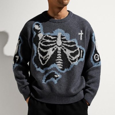 Men's Rib Cage Jacquard Knit Sweater Oversized Streetwear