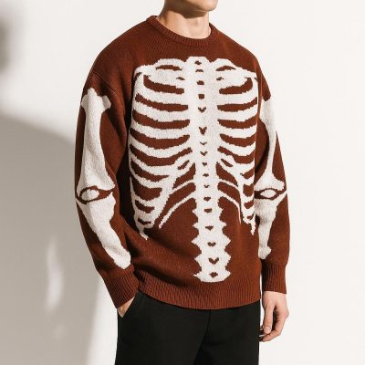 Men’s Skeleton Pattern Knit Pullover Sweater Rib Cage