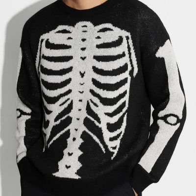 Men’s Skeleton Pattern Knit Pullover Sweater Rib Cage