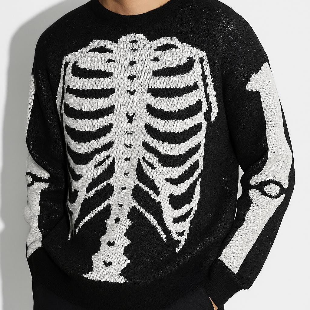 Men’s Skeleton Pattern Knit Pullover Sweater Rib Cage