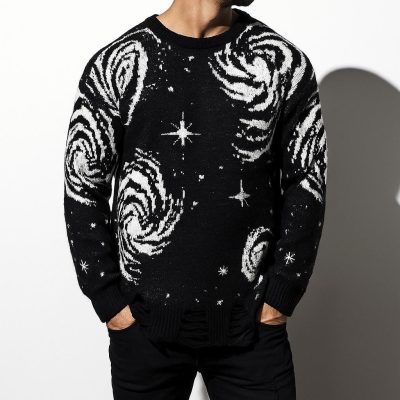 Men’s Galaxy Pattern Ripped Knit Pullover Sweater Distressed