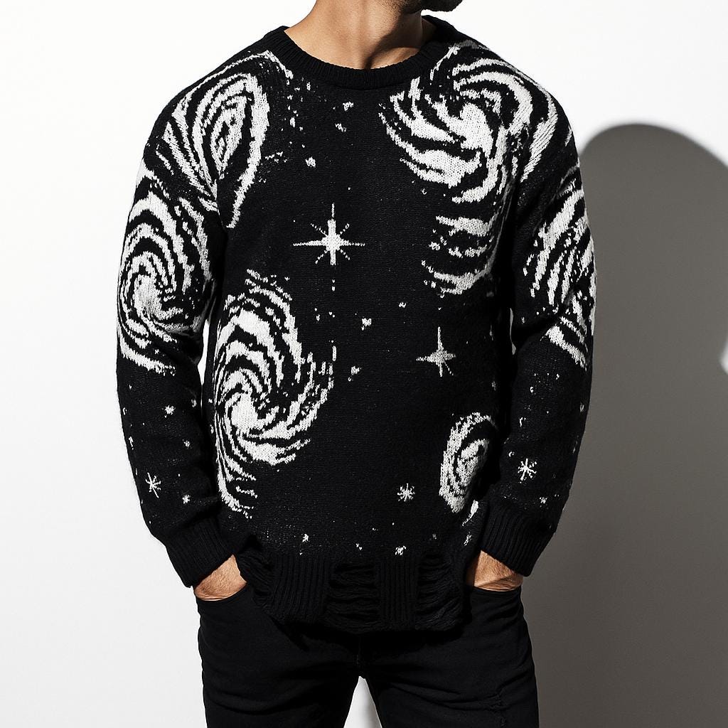 Men’s Galaxy Pattern Ripped Knit Pullover Sweater Distressed