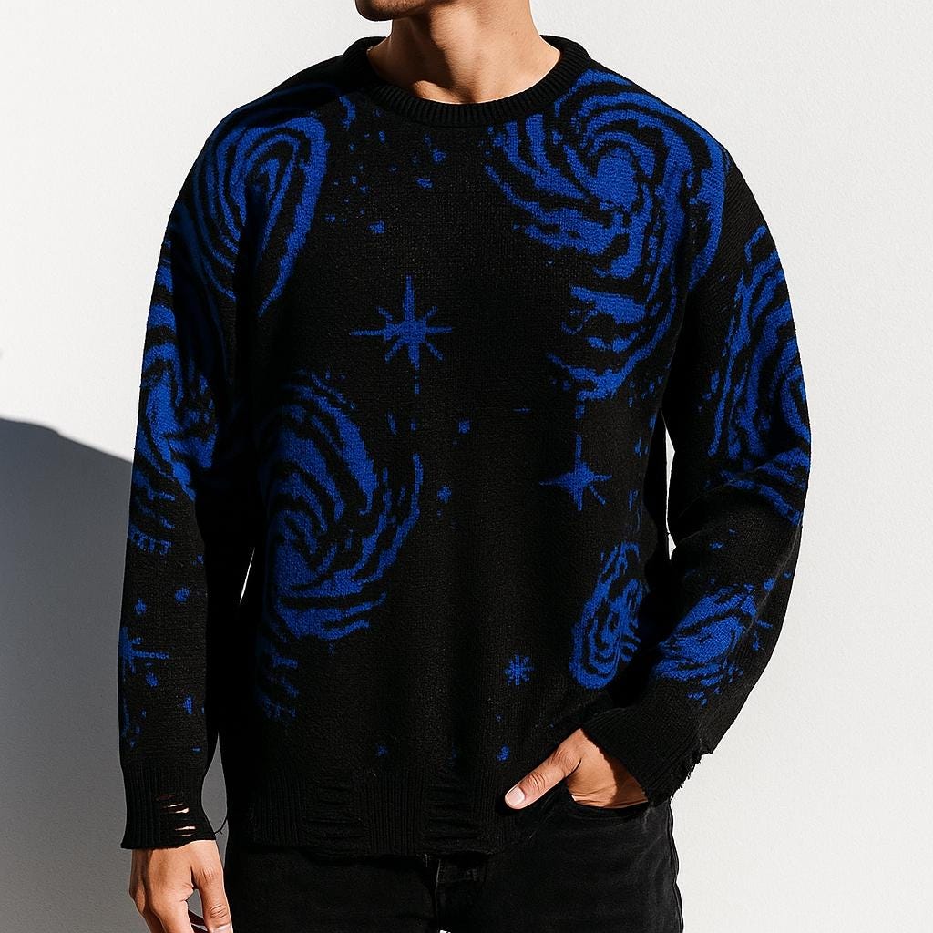 Men’s Galaxy Pattern Ripped Knit Pullover Sweater Distressed