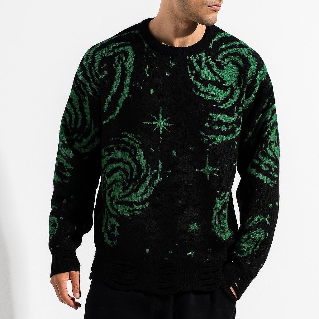 Men’s Galaxy Pattern Ripped Knit Pullover Sweater Distressed