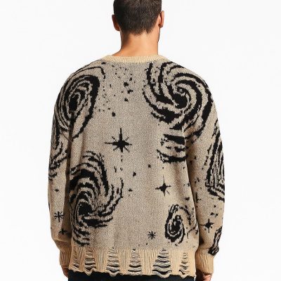 Men’s Galaxy Pattern Ripped Knit Pullover Sweater Distressed