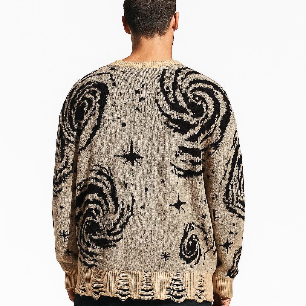 Men’s Galaxy Pattern Ripped Knit Pullover Sweater Distressed
