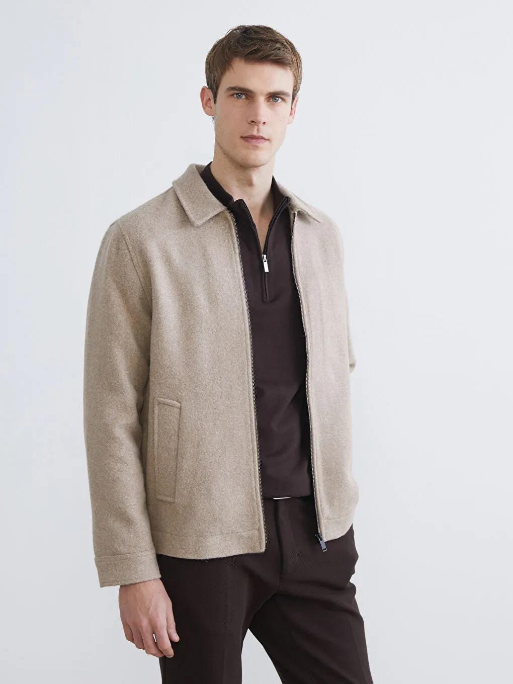 Men's Beige Wool Blend Jacket Minimalist Winter Coat