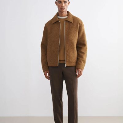 Men's Zippered Cashmere Jacket Beige Minimalist Coat Classic